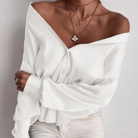 White Preppy Womens Button Up Solid Shirt - Picture 2 of 5